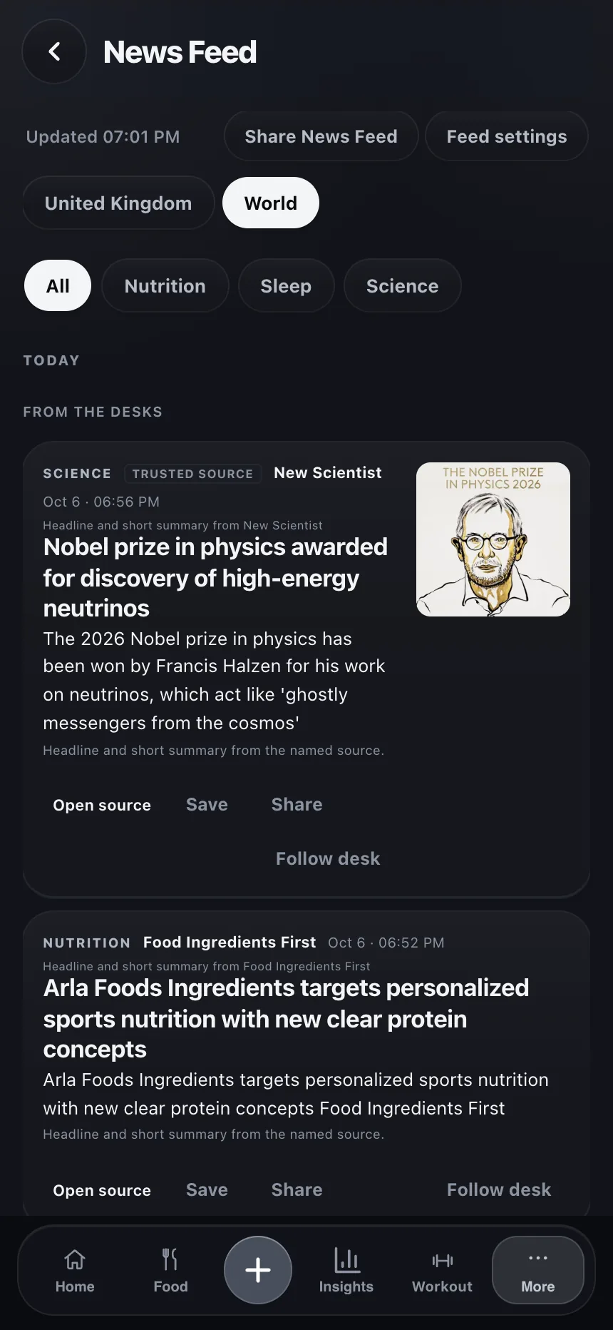TempoLife news feed with health news and a personal selection